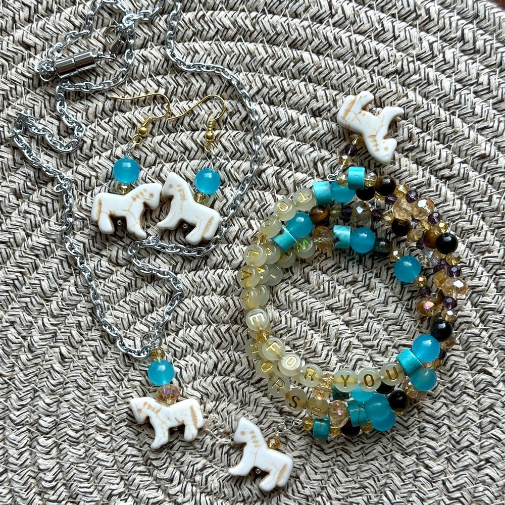 Real Turquoise, catseye coil Bracelet 3 pc Set. White Horse Taylor Swift themed